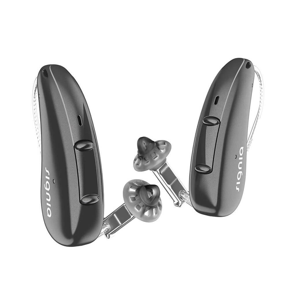 Grey set of Signia hearing aids